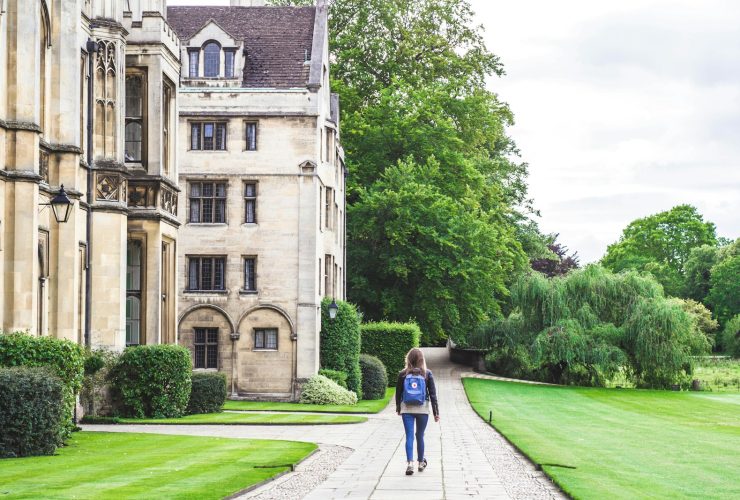 person walking on concrete road beside brown concrete house near green high trees under white sky during daytime