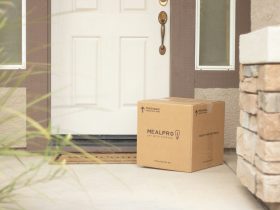 brown cardboard box beside white wooden door